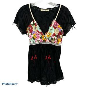 Aryeh Women's Tunic Top Boho Festival‎ Floral Short Sleeve V-Neck Black M
